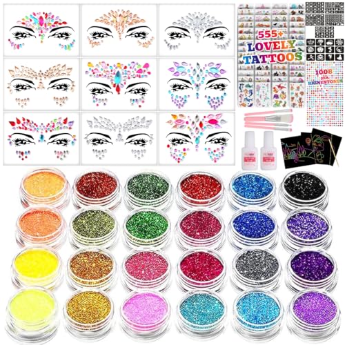 Glitter Tattoos for Kids, Glitter Tattoo kit, Face Gems, Rhinestones, Temporary Tattoos, Face Glitter Festival, face gems Stick on, Festival Accessories, face gem for Festivals,Girls Birthday Present