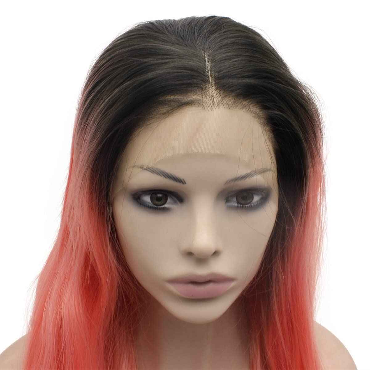 MX angel Long Black Roots Pink Hand Tied Synthetic Wig Lace Front Heat Resistant Fiber Hair