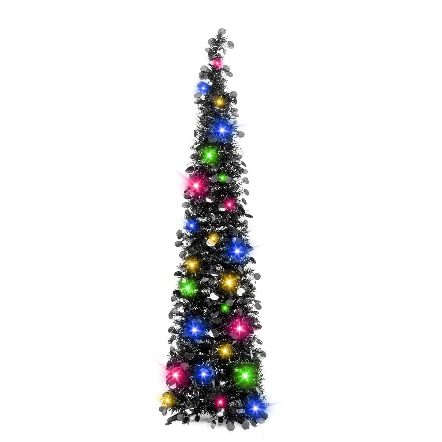 MACTING Halloween Black Tree with Lights, 5ft Pop Up Christmas Tinsel Coastal Glittery Pencil Tree for Home Holiday Party Xmas Decorations