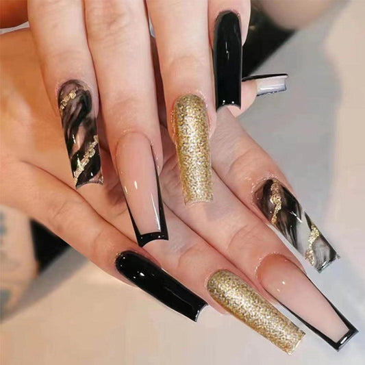 DANMANR Coffin Long Press on Nails Full Cover Coffin Fake Nails Acrylic False Nails for Women (Coffin black french marble nails)