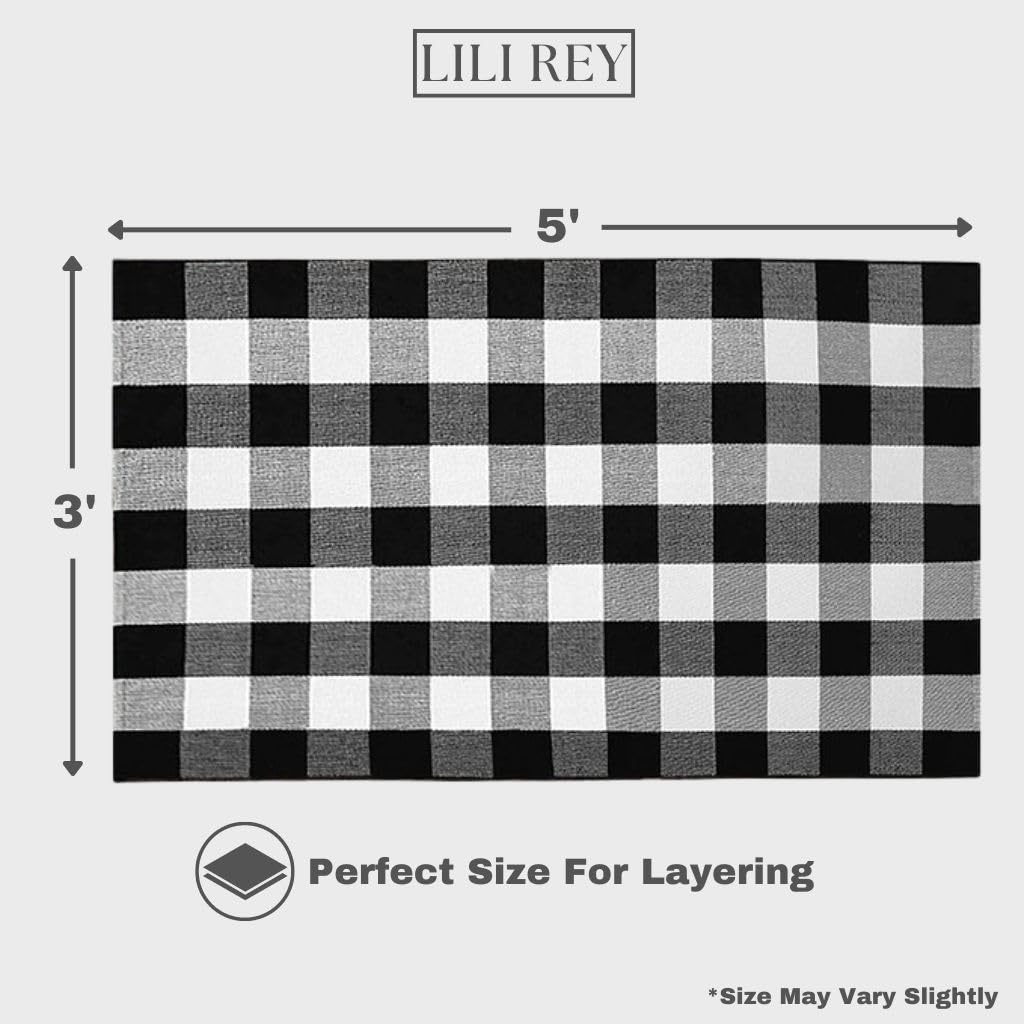 LILI REY Black and White Checkered Rug - Premium 3' x 5' Buffalo Plaid Outdoor Rug - Front Porch Cotton Rug Entryway Patio - Buffalo Check Rug - Plaid Door Mat - Farmhouse Decor Washable