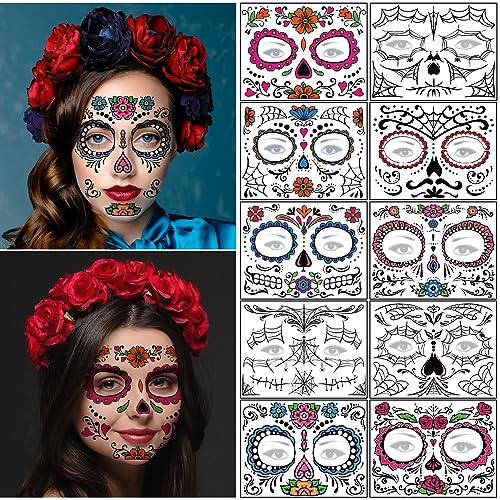 Sugar Skull Temporary Face Tattoos - 10 Sheets Day of Dead
