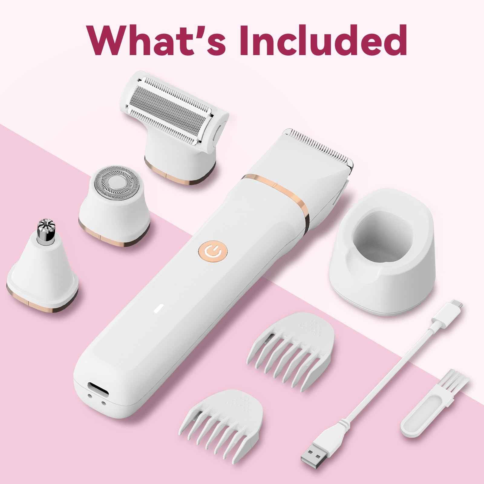 Electric Bikini Trimmer for Women - 4 in 1 Electric Razors for Women, Waterproof Pubic Hair Trimmers and Facial Hair Remover, Replaceable Shaver & Nose Hair Trimmer, Rechargeable Women's Grooming Kit