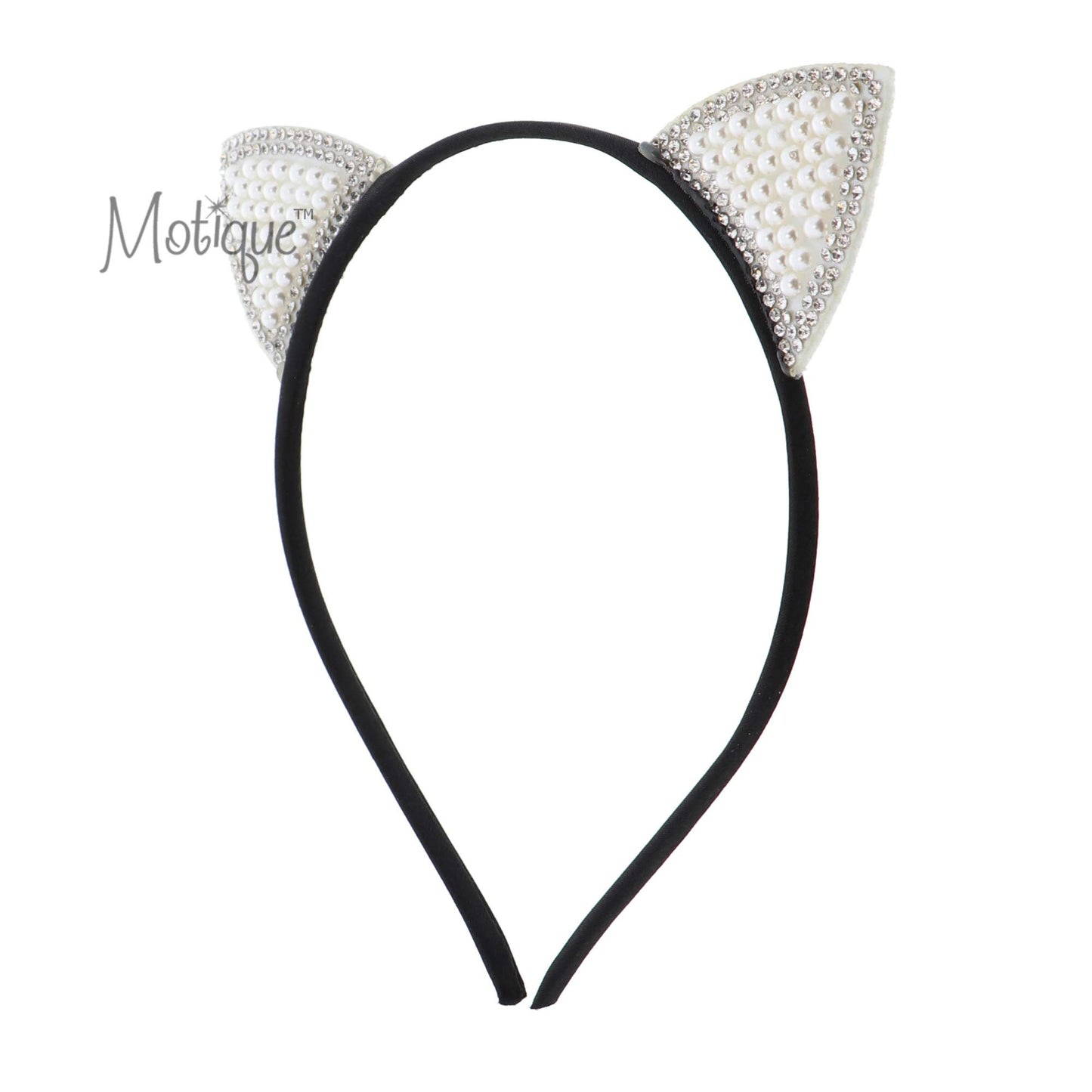 Motique Accessories Cat Ears Headband With Pearls for Girls- Black White