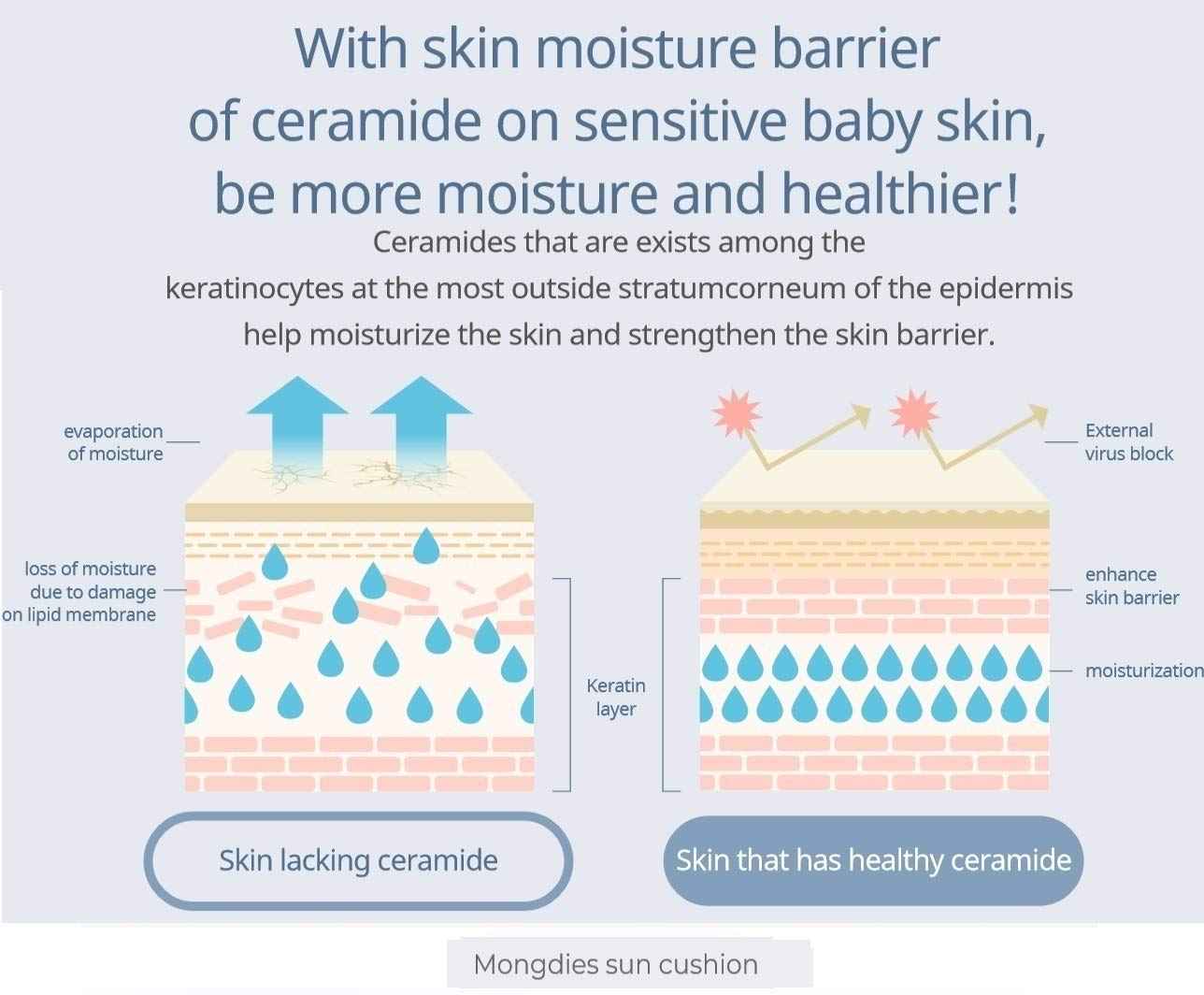 Mongdies Baby Sun Cushion SPF 43 PA+++ SAFE INORGANIC UV BLOCK WITH SIMPLE CUSHION TYPE, Contains Vitamine tree complex, Complete skin irritation safety test - 12g