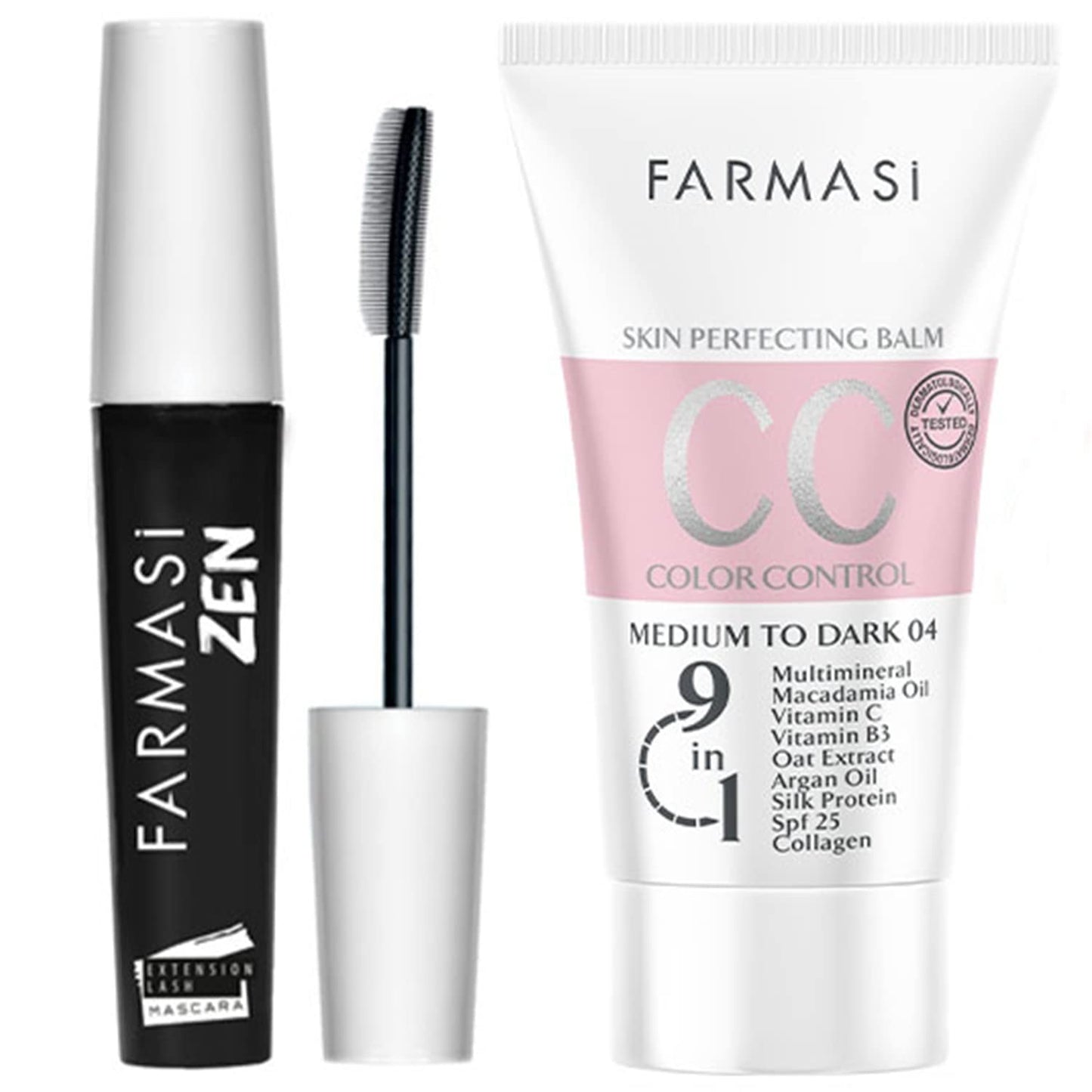 FARMASi Makeup CC Cream 1,7 Fl Oz (Medium to Dark), Pure, Natural and Flawless Finish, Medium to Full Coverage, All-Day Hold, All Skin Types, Zen Mascara Extension Lash 0.27 fl.oz