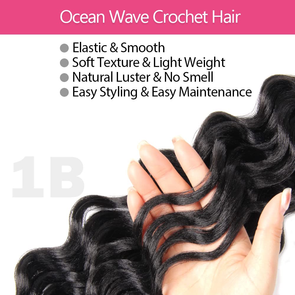 Niseyo NU Ocean Wave Crochet Hair 18 Inch 8 Packs Soft Water Wave Crochet Braids Synthetic Black Wavy Braiding Hair Extensions (1B)