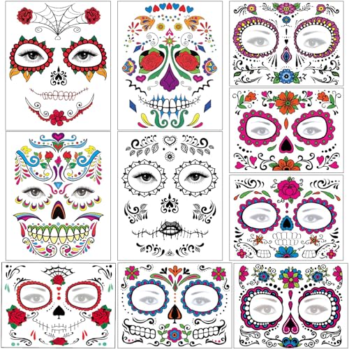 Halloween Temporary Face Tattoos Makeup Kit, Day of the Dead Sugar Skull Floral Black Skeleton Web Red Roses Full Face Mask Stickers Tattoo Families Party Supplies
