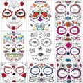 Halloween Temporary Face Tattoos Makeup Kit, Day of the Dead Sugar Skull Floral Black Skeleton Web Red Roses Full Face Mask Stickers Tattoo Families Party Supplies