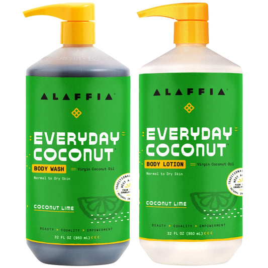 Alaffia EveryDay Coconut Hydrating Body Lotion and Body Wash - Normal to Dry Skin, Moisturizing Support for Soft & Supple Skin, Moisturizes and Cleanses Toxins and Grime, Coconut Lime, 32 Fl Oz Each