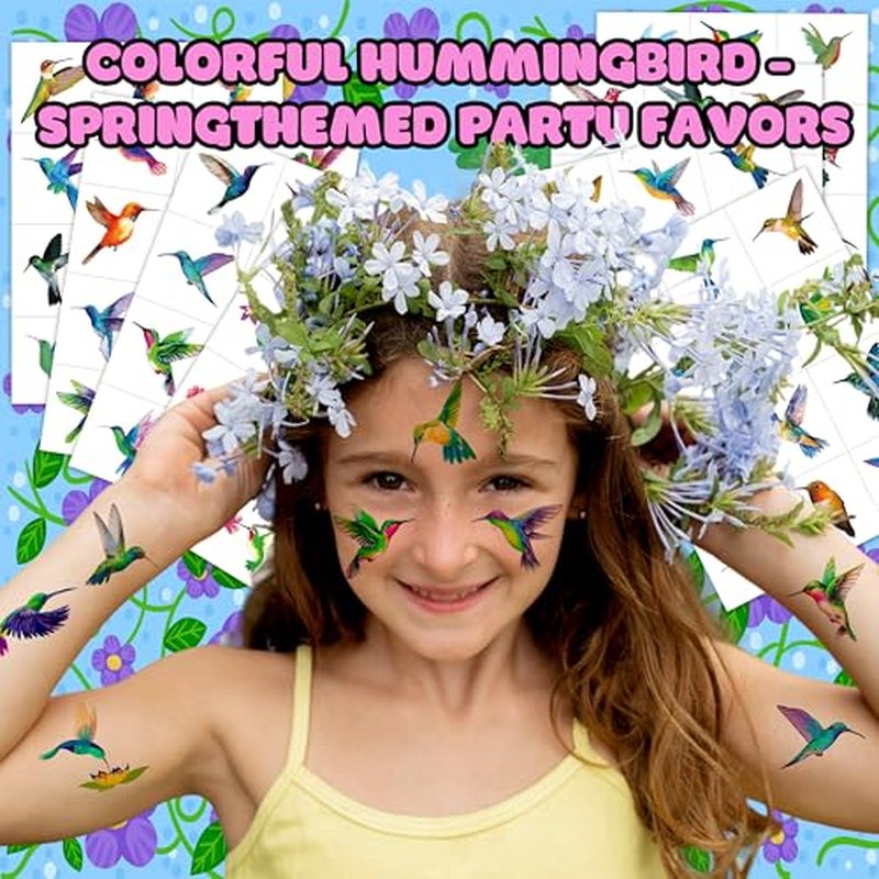 96PCS Colorful Hummingbird Temporary Tattoos Themed Birthday Party Decorations Favors Supplies Decor Spring Flying Nature Bird Tattoo Stickers Gifts For Kids Adults Boys Girls School Prizes Carnival