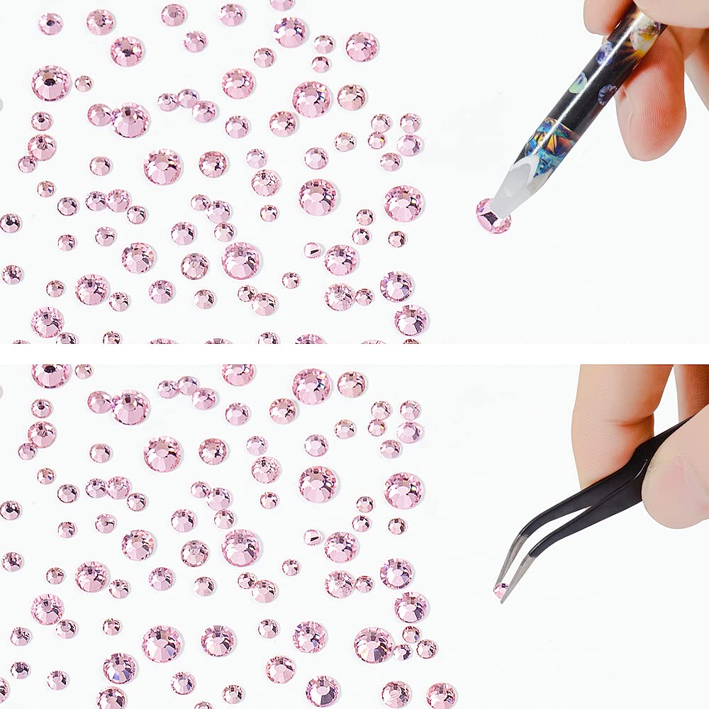 6Grids 3000Pcs Clear Flatback Rhinestones, Light Pink Nail Gems Crystals Jewels, Craft Glass Diamonds Stones Bling Rhinestone with Tweezers and Picking Pen For Nail Face Makeup(1.8mm~4mm Crystal)