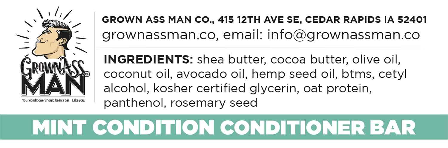 Grown Ass Man Co. Conditioner Bar - Plastic Free & Eco-Friendly, Natural & Organic Hydration for All Hair Made with Essential Oils for Soft, Smooth, Healthy Hair, 4.5 oz Bar (Mint Condition, 3-Pack)