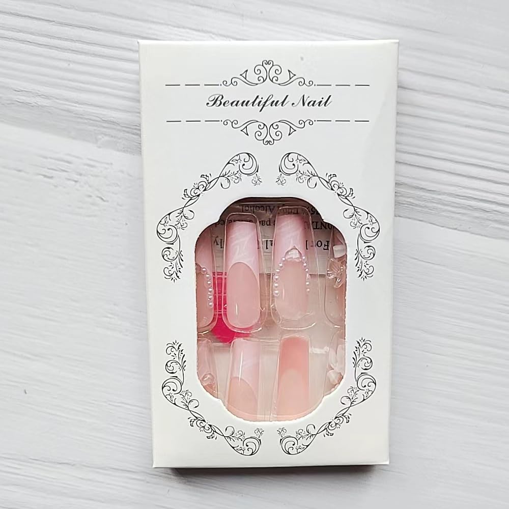 24 Pcs Pink Press on Nails Long Coffin Square - SHANRUN Cute Fake Nails Press ons French Nail Art Tip Glue on Nails Full Cover False Nails with 5D Bow Heart Charms Design Pearl on Nails Acrylic Kit