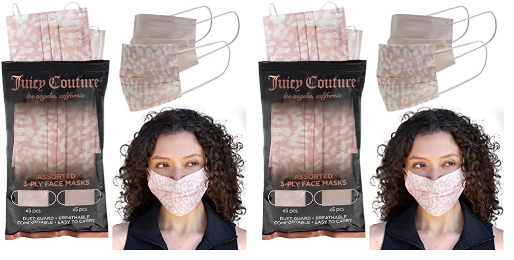 Juicy Couture Couture 3ply Disposable Face Masks Pack, Blush Solid/Blush Leopard, 10 Count (Pack of 2)