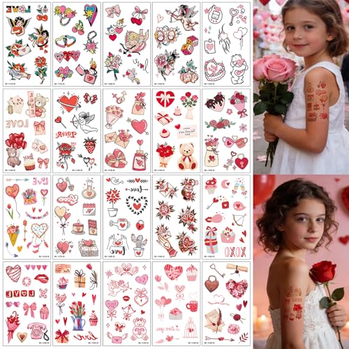 Valentine's Day Temporary Tattoos - 20 Sheets, Waterproof & Long Lasting