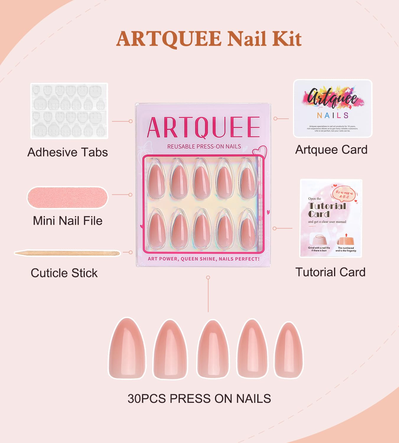 Artquee 30 Pcs Almond Press on Nails Light Pink Medium Fake Nails Acrylic Glossy Reusable Nails Tip Stick on Nails Kit for Women in 15 Sizes