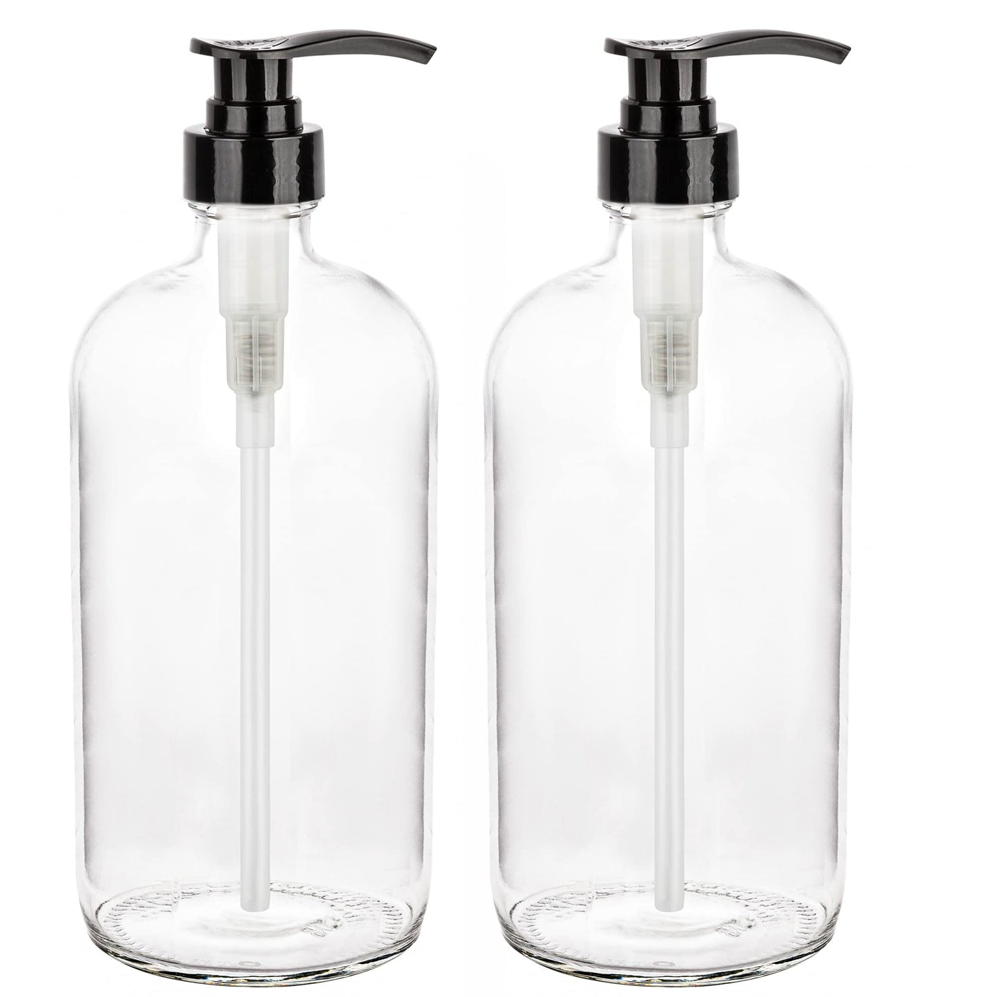 kitchentoolz 32-Ounce Pump Bottles, Large Clear Glass Boston Round Bottles w/Black Pumps. Great for Lotions, Laundry Soap Detergent, Oils, Sauces - Food Safe and Medical Grade (Pack of 2)