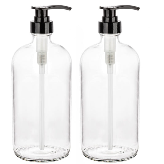 kitchentoolz 32-Ounce Pump Bottles, Large Clear Glass Boston Round Bottles w/Black Pumps. Great for Lotions, Laundry Soap Detergent, Oils, Sauces - Food Safe and Medical Grade (Pack of 2)