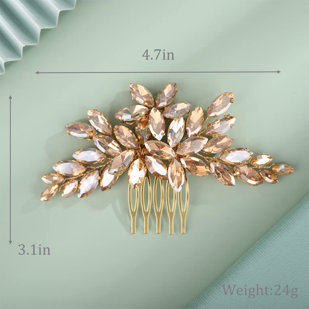 Kercisbeauty Champagne Crystal Beads Gold Hair Comb for Wedding Bridal Shower Handmade Hair Jewelry Girls Prom Hairpiece (Champagne)