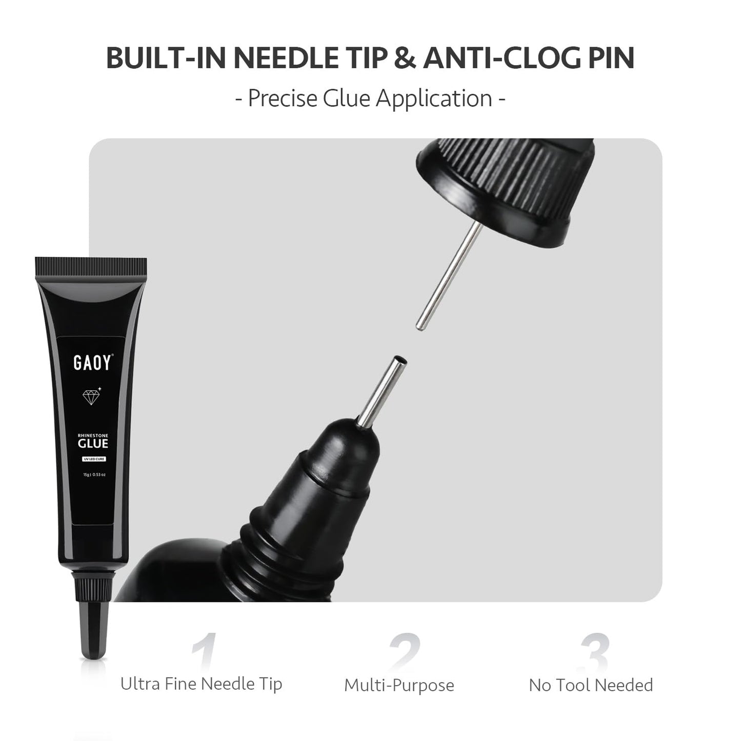 GAOY Multi-Functional Rhinestone Glue, Strong Adhesion 3D Gel Nail Art Glue for Nail Charms, Gems and Jewels Decoration, 15g No Wipe UV Light Cure