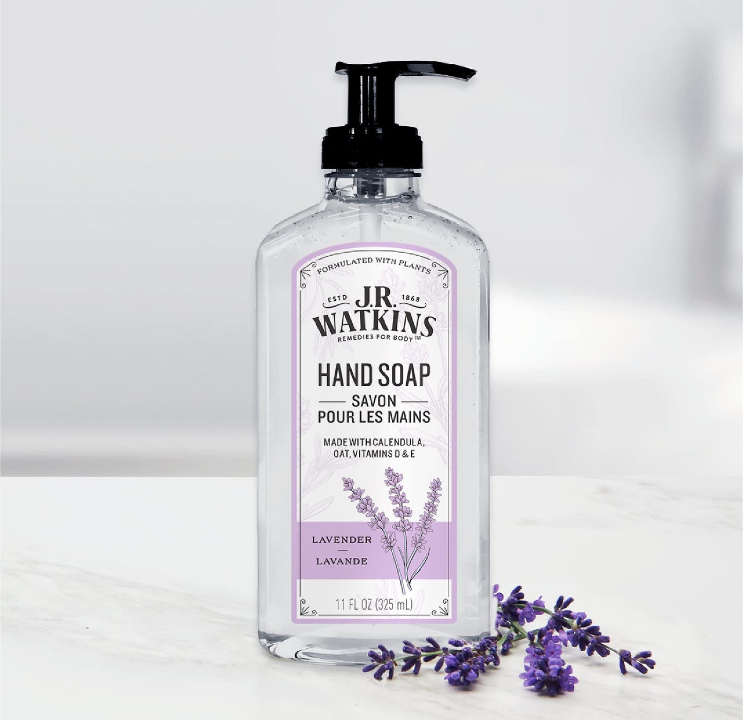 J.R. Watkins Liquid Hand Soap With Dispenser, Moisturizing Hand Soap, Alcohol-Free Hand Wash, Cruelty-Free, USA Made Liquid Soap For Bathroom and Kitchen, Lavender, 11 Fl Oz, 3 Pack