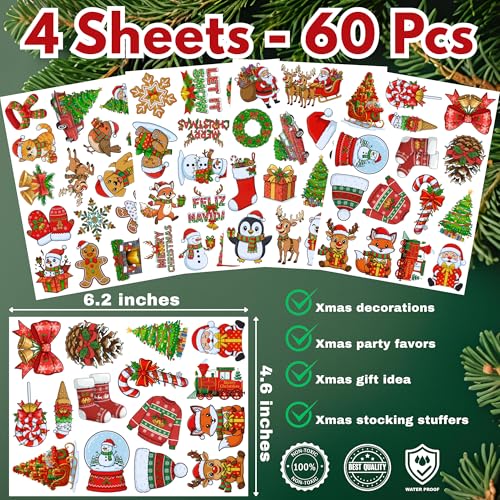 Christmas Temporary Tattoos Christmas Stocking Stuffers Goodie Bag Stuffers Noel Xmas Stickers Gift Idea For Kids Adult Xmas Decorations Accessories Party Favors Prizes Crafts Santa Claus Snowman