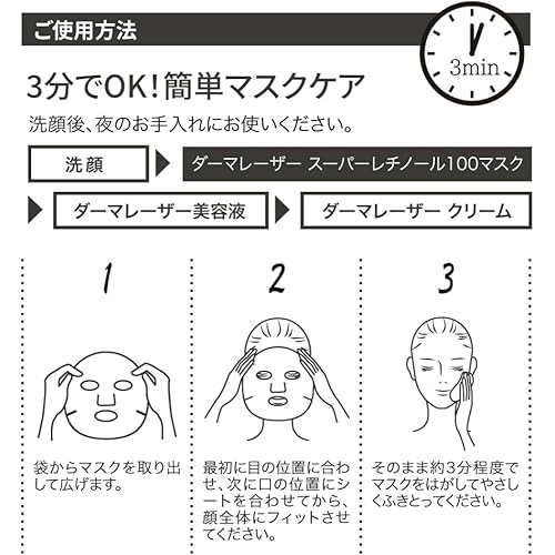Derma Laser Super Retinol 100 Face Mask, High-Hydration Japanese Sheet Mask for Nighttime Skincare, 7-Pack