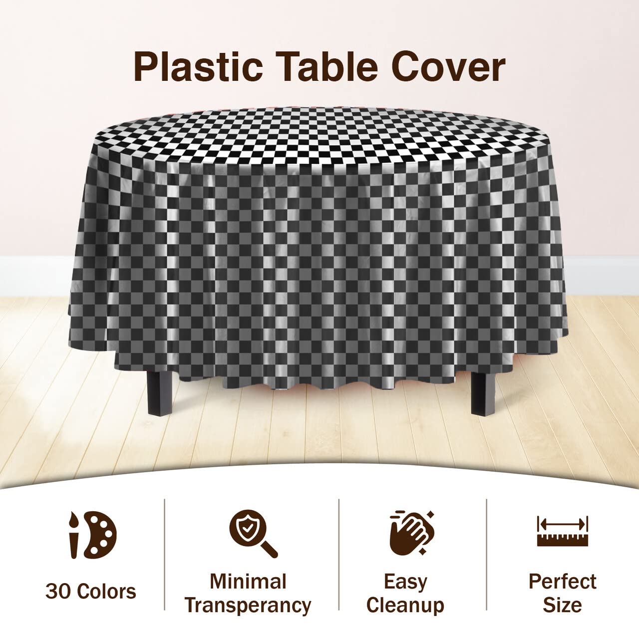 Exquisite 6-Pack Premium Plastic Tablecloth 84 Inch Round Plastic Table Cover - Checkered