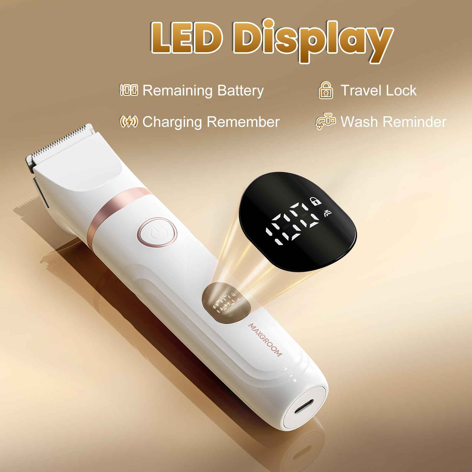 Bikini Trimmer for Women - MAXGROOM Waterproof Electric Razors for Women, Cordless Electric Shaver for Private Area with LED Display, USB Rechargeable & Travel Pouch, White