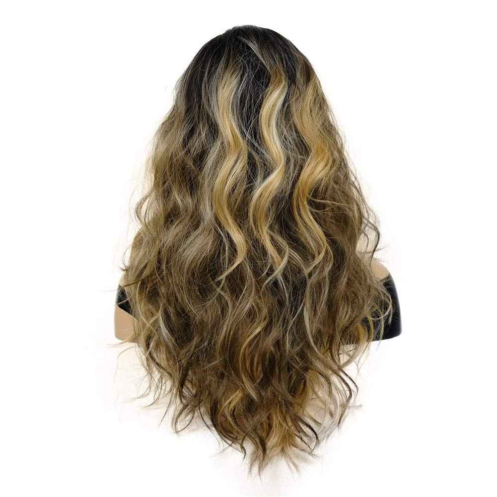 onemily Long Curly Wavy Synthetic Wigs for Women Girls Golden Brown with Dark Roots