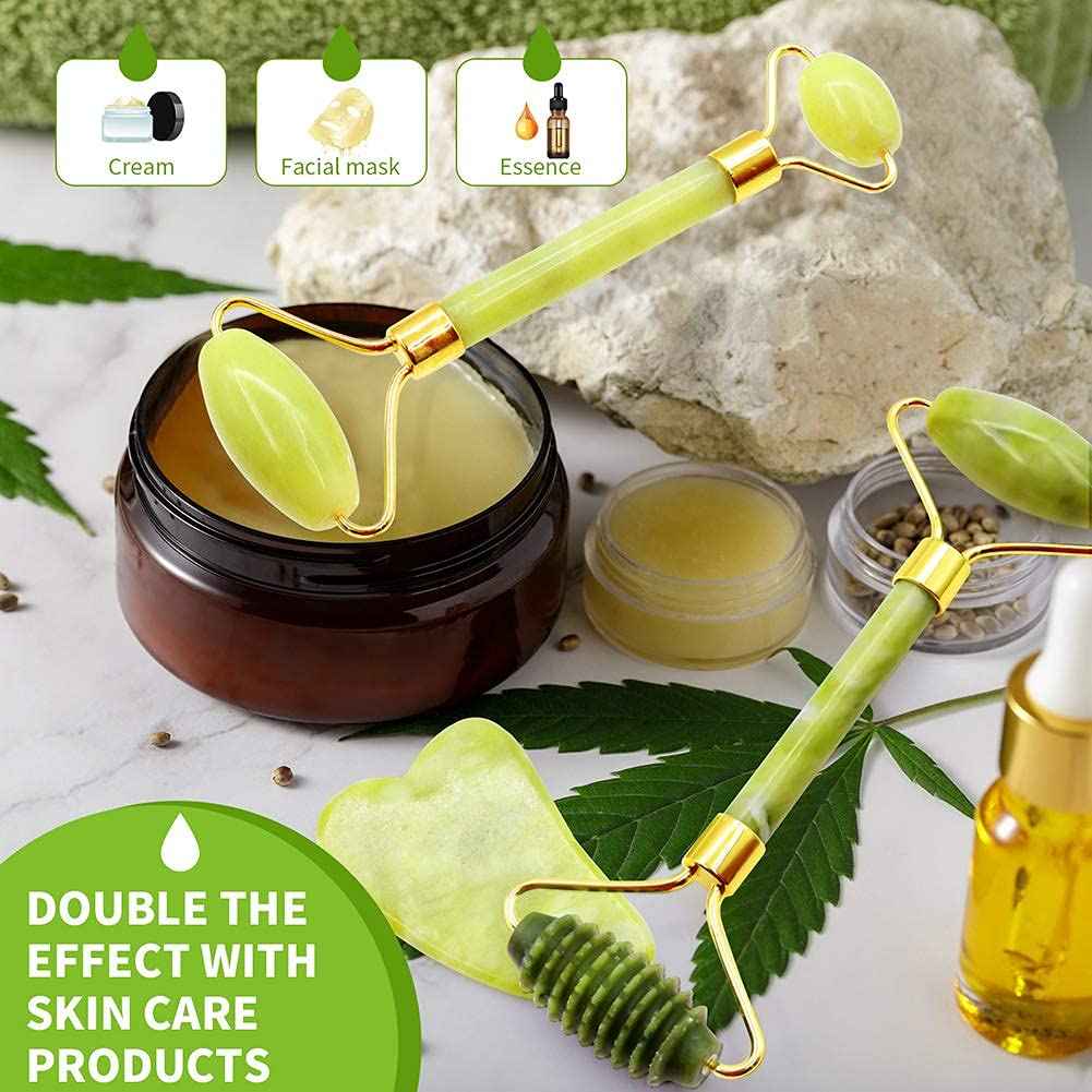 Jade Roller & Gua Sha Set, 4 in 1 Gua Sha Facial Massage Tool Beauty Face Roller Tools for Neck, Eyes, Body Muscle Relaxing and Relieve Fine Lines and Wrinkles