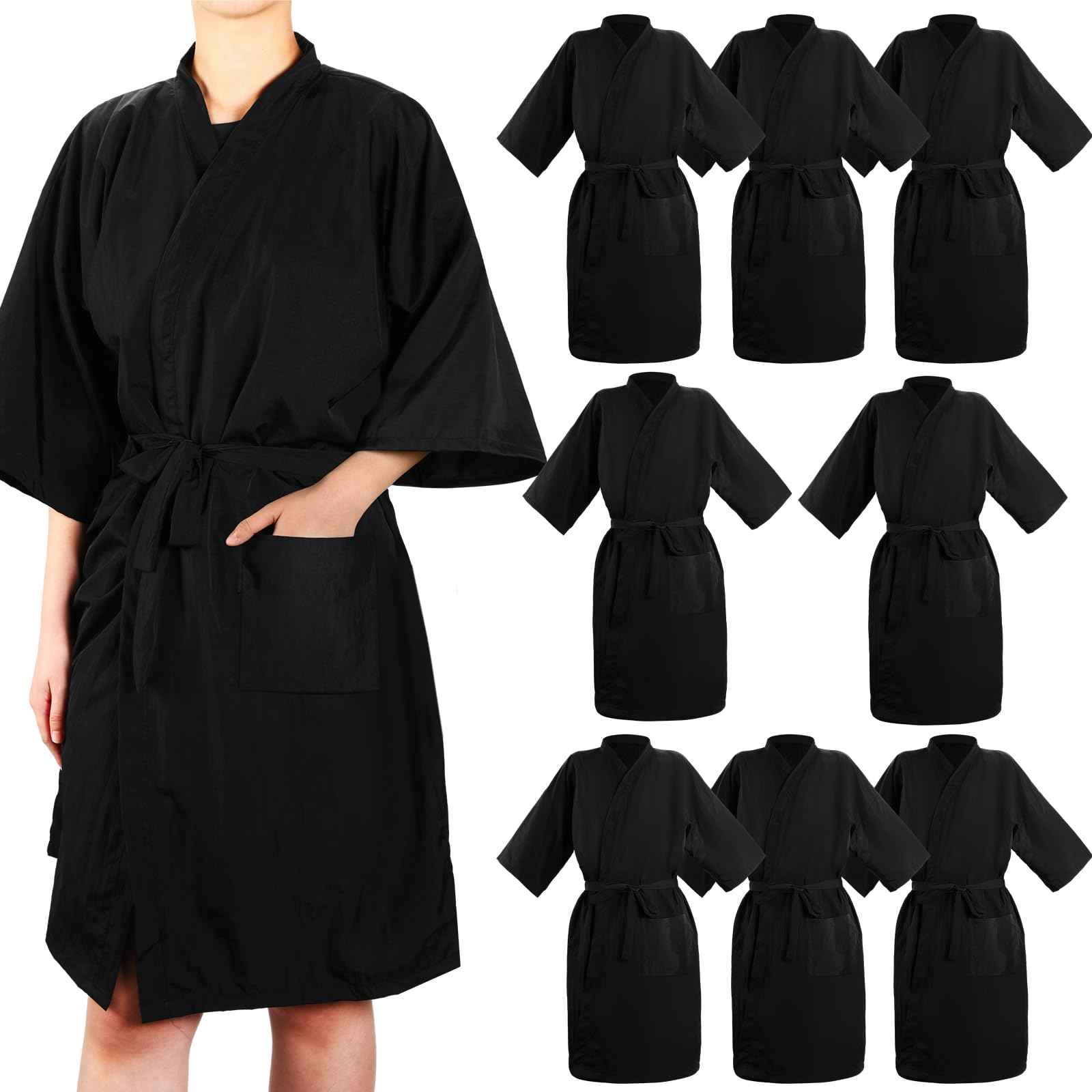 Toulite 8 Pieces Salon Robes Smock for Clients Hair Salon Gown Cape Black Barber Smock Kimono Style Hair Stylist for Clients(1 Pocket)
