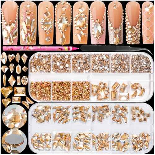 2420pcs Gold Rhinestones for Nails, Round Flatback Champagne Rhinestones Gold Nail Charms for Nails+120 Pcs 3D Multi Shapes Glass Crystal Diamond Nail Gems for Acrylic Decoration