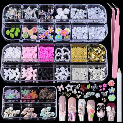 Teenitor Nail Charms and Gems Nail Art Tools, 3 Box 3D Flower Nail Charms for Nails Design Tools, Nail Pearls Nails Supplies, Butterfly Bow Nail Charms Nail Decor 3D Nail Art Kit
