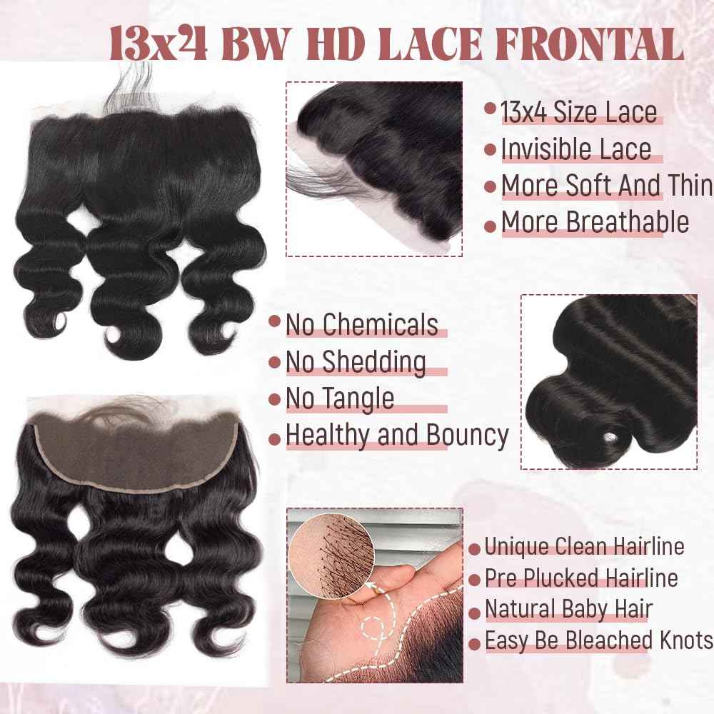 Body Wave Transparent Lace Frontal Closure Human Hair,Ear to Ear 13x4 Transparent HD Lace Front Closures 100% Brazilian Virgin Hair Free Part Pre Plucked with Baby Hair Natural Hairline 150% Density