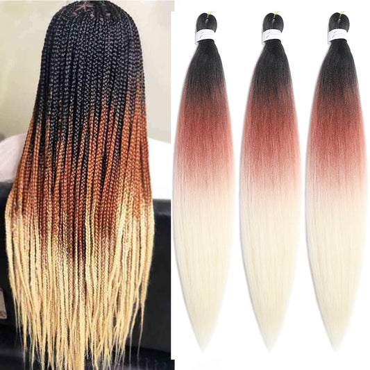 Pre Stretched Braiding Hair 26 Inch Ombre Red Kanekalon Braiding Hair Extensions Hot Water Setting Crochet Box Braids Hair (26 Inch (Pack of 3), Black-Brown-Beige)