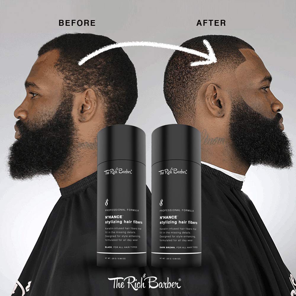 The Rich Barber N’Hance Hair Building Fibers, 3 Month Supply - Barber Hair Thickening Fibers, 25 grams - Grey Hair Concealer Spray - Sharper Hairlines, Thicker Beard & Fuller Hairstyling (Black)