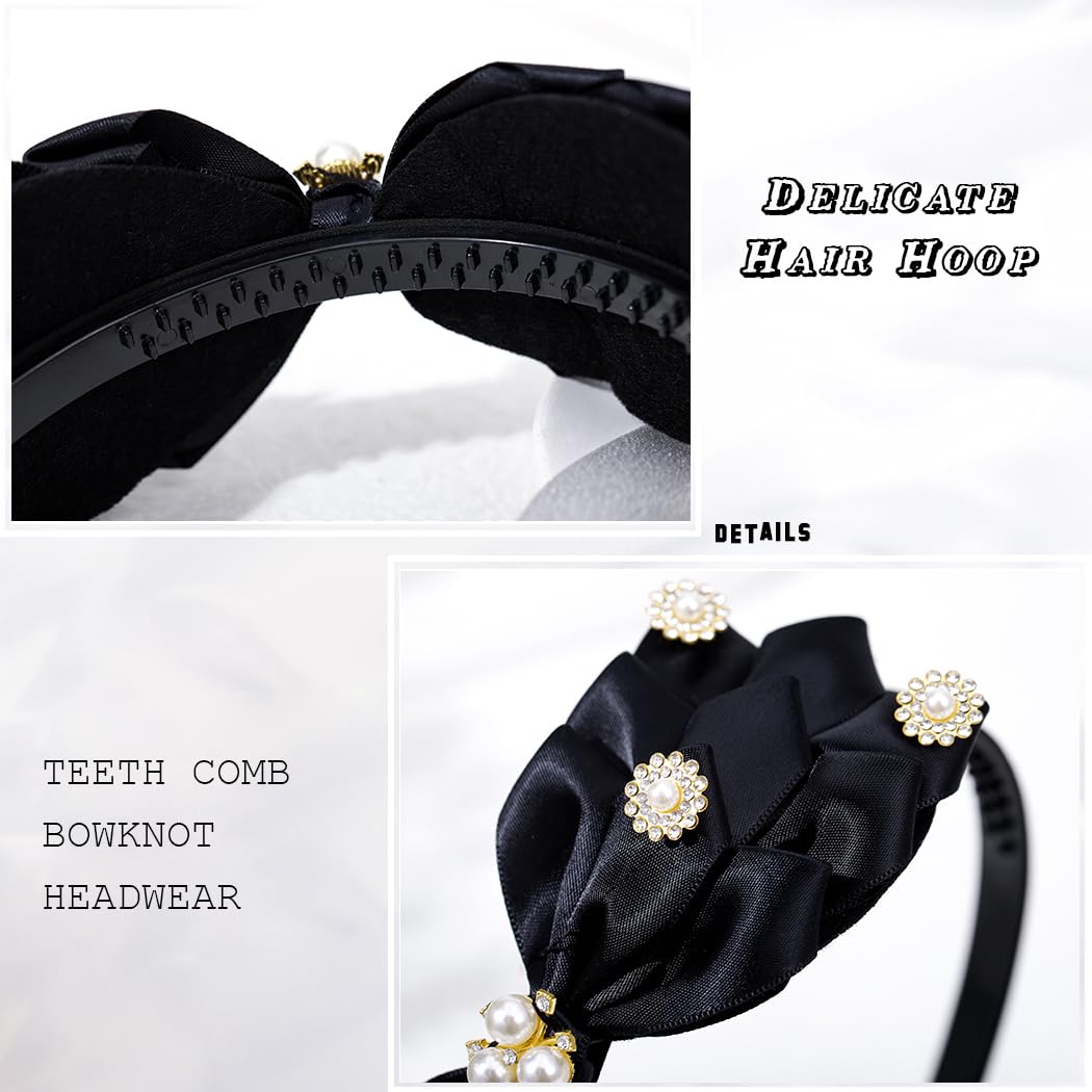 Yovic Bow Headbands Pearl Rhinestone Hairbands Black Red Headpieces Teeth Comb Bowknot Hair Accessories for Women and Girls (Black)