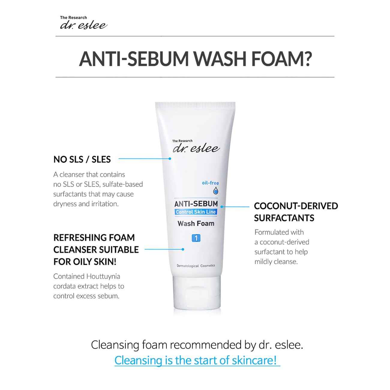 Dr Eslee Anti-Sebum Foaming Facial Cleanser for Oily Skin - 100ml - Non-Irritating Dermatological Face Wash Cleansing Foam - Controls Excess Sebum, Soothes Irritation, Sulfate-Free, Korean Skin Care