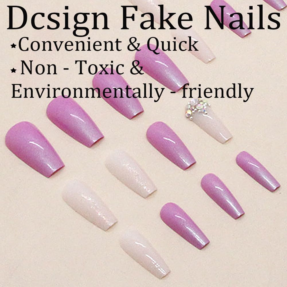 Long Press on Nails Glossy Long Fake Nails Coffin Press on Nails Square Purple Pink False Nails with Glitter & Rhinestones Design Acrylic Nails Press on Artificial Nails Stick on Nails For Women-24Pcs