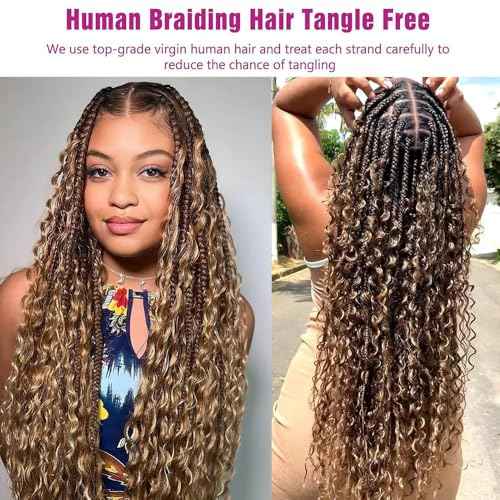 Human Braiding Hair 3 Bundles/Pack 150g Highlight 4/27 Curly Water Wave Human Bulk Hair for Braiding No Weft 12A Brazilian Virgin braiding Hair for Boho Braids (Highlight 4/27 Color, 16 inch)
