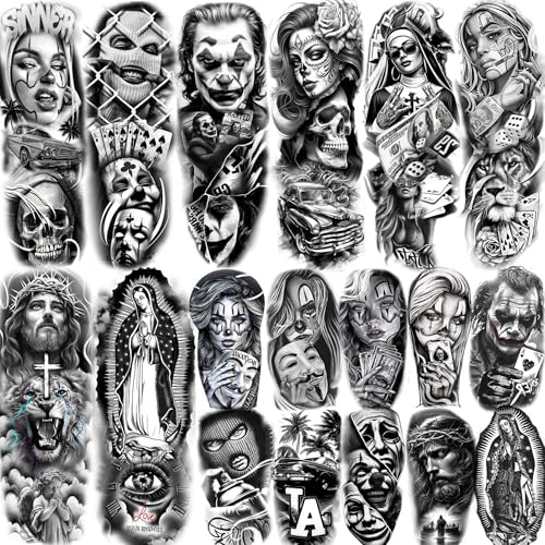 18 Sheets Chicano Full Arm Temporary Tattoos For Men Women Thigh, Chicana Guadalupe Joker Gangster Nun Girl Fake Sleeve Tattoos For Adults, Temp Bulk Jesus Christ Halloween Tattoo Stickers Prison