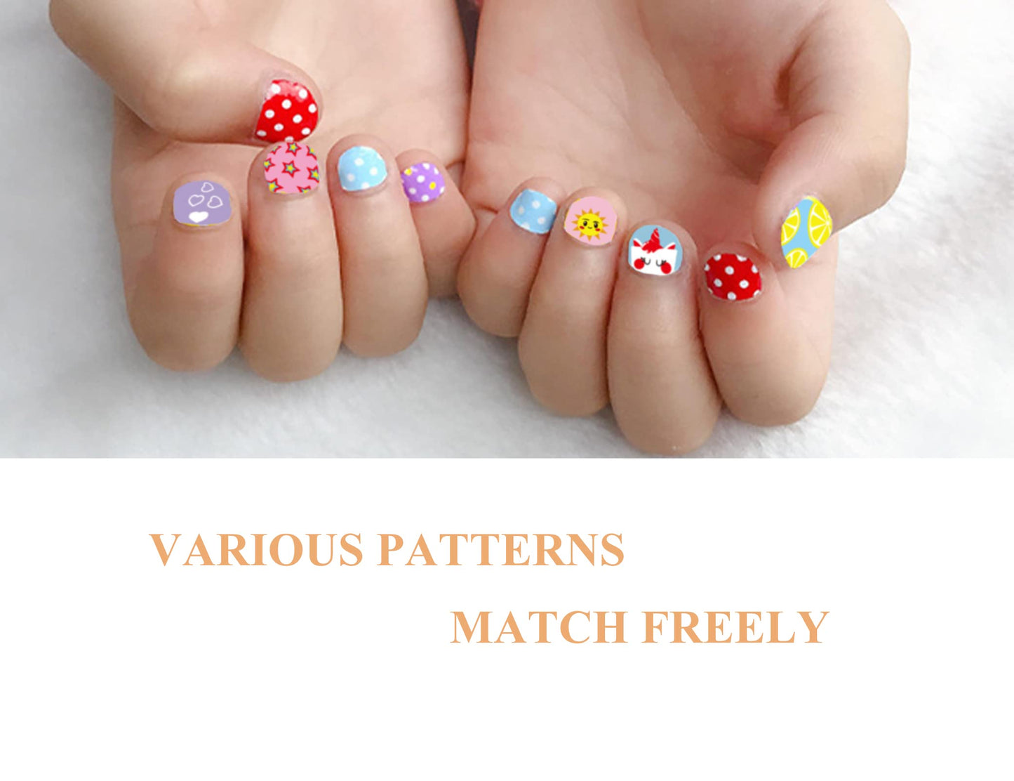 Kids Nail Stickers Full Nail Wraps Self Adhesive Nail Polish Strips for Kids Girls Nail Art Decoration Fun Including Fruits Rainbows Stars Hearts Clouds Recommend for Age 8 and Older (Pack of 10)