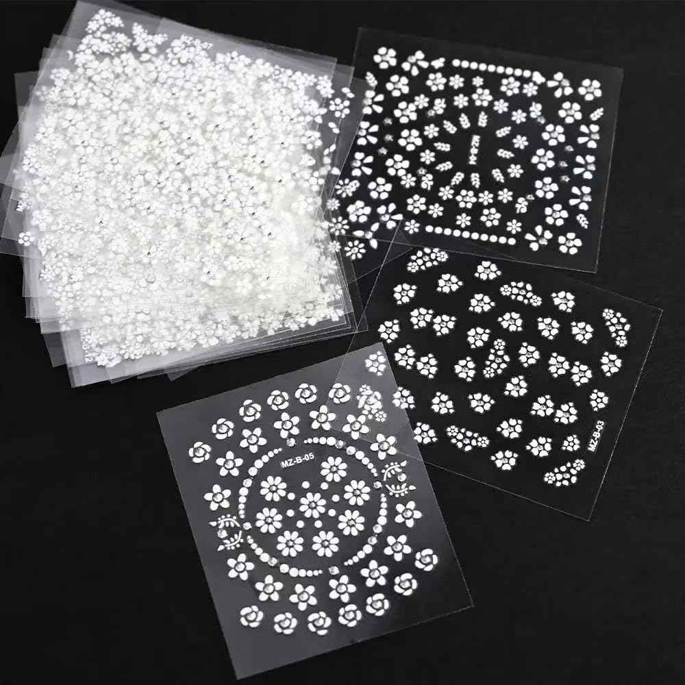 White Flower Nail Art Stickers White Flower with Rhinestones Nail Decals 3D Self Adhesive Nail Stickers Nail Art Designs Flowers Sticker for Nails Decorations 30 Sheets