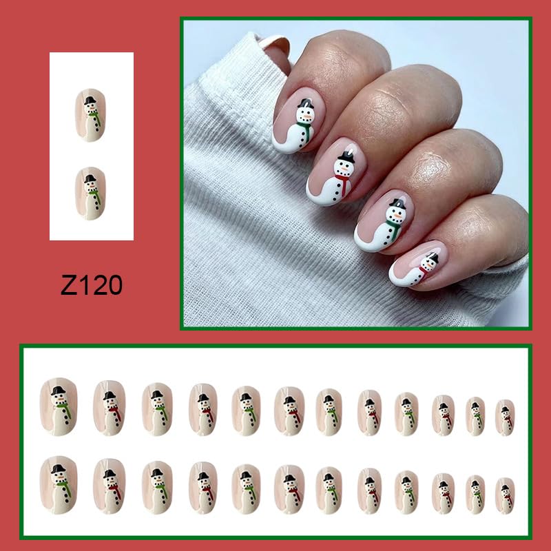 24Pcs Christmas Press on Nails Short White Snowman Fake Nails French Tips False Nails Oval Shape Full Cover Stick on Nails Glossy Nude Glue on Nails for Christmas Acrylic Nail Decorations