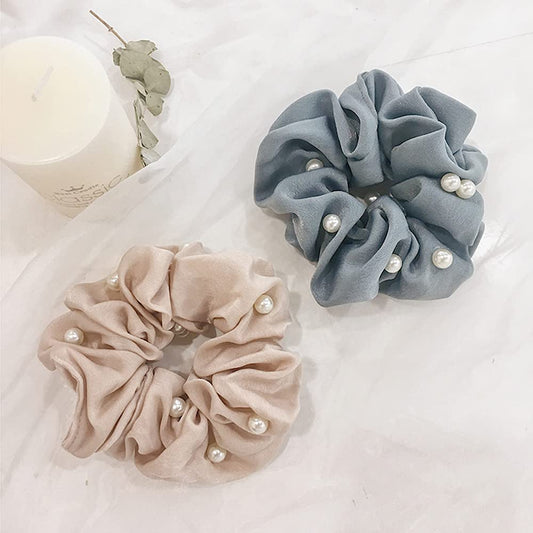 JWICOS Soft Microfiber Pearl Scrunchies Hair Ties Chiffon Flower Hair Accessories for Women and Girls Pack of 2 (blue, flesh-colored)