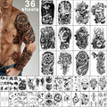 Yazhiji 36 Sheets Temporary Tattoos Stickers, 12 Sheets Fake Body Arm Chest Shoulder Tattoos for Men or Women with 24 PCS Tiny Black Tattoos