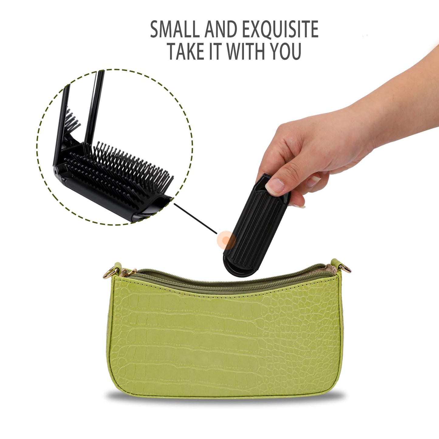 Portable Travel Hair Brush, Small Foldable Hairbrush Compact Hair Brush with Mirror and Round Tip Nylon Bristles for Women and Men, Mini Pocket Size Comb for Car Gym Bag Purse Locker (Black)