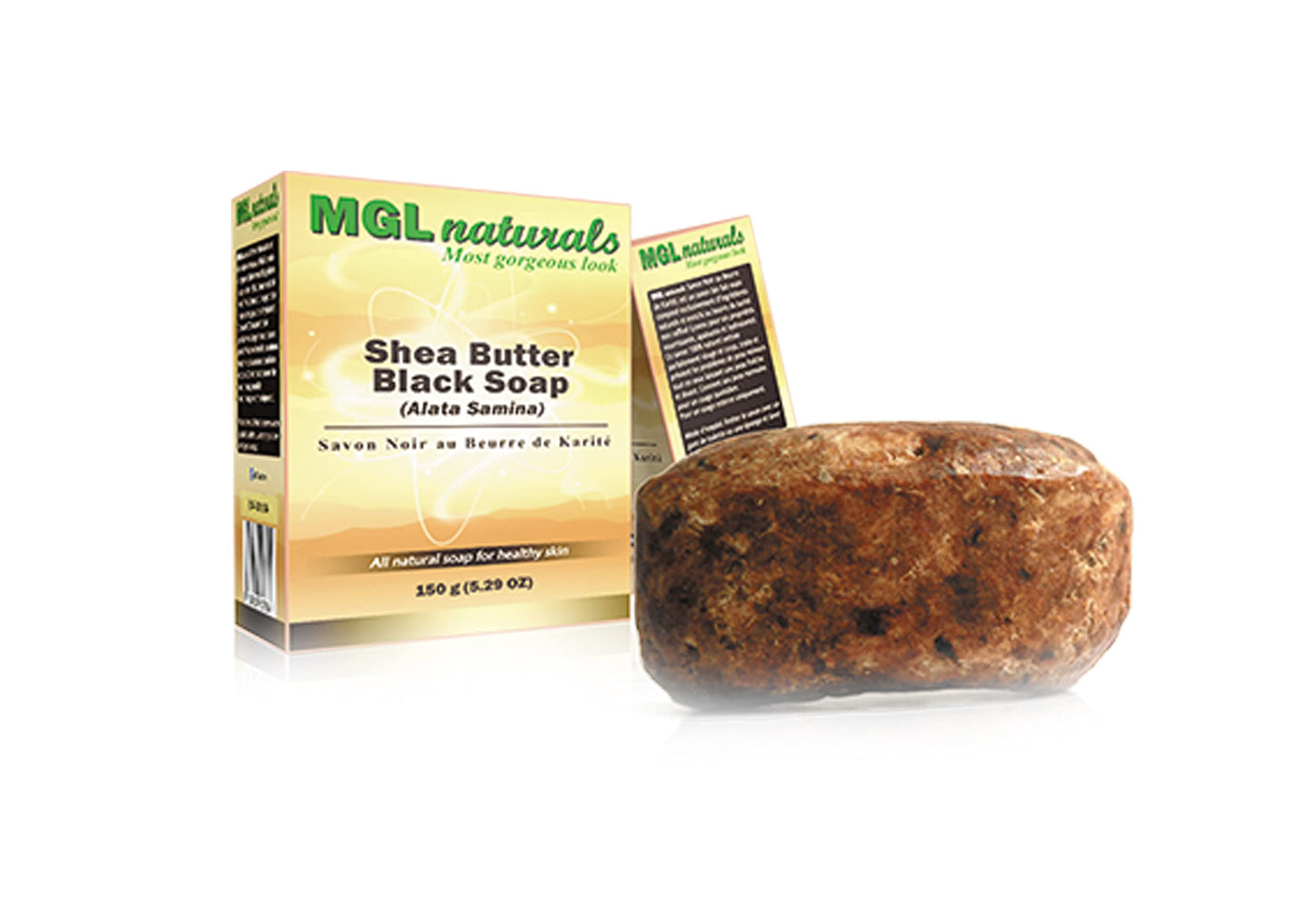 MGL Naturals Raw African Black Soap with shea butter For refreshing daily bath, helps acne, eczema, smooth face and skin. 5.3 oz